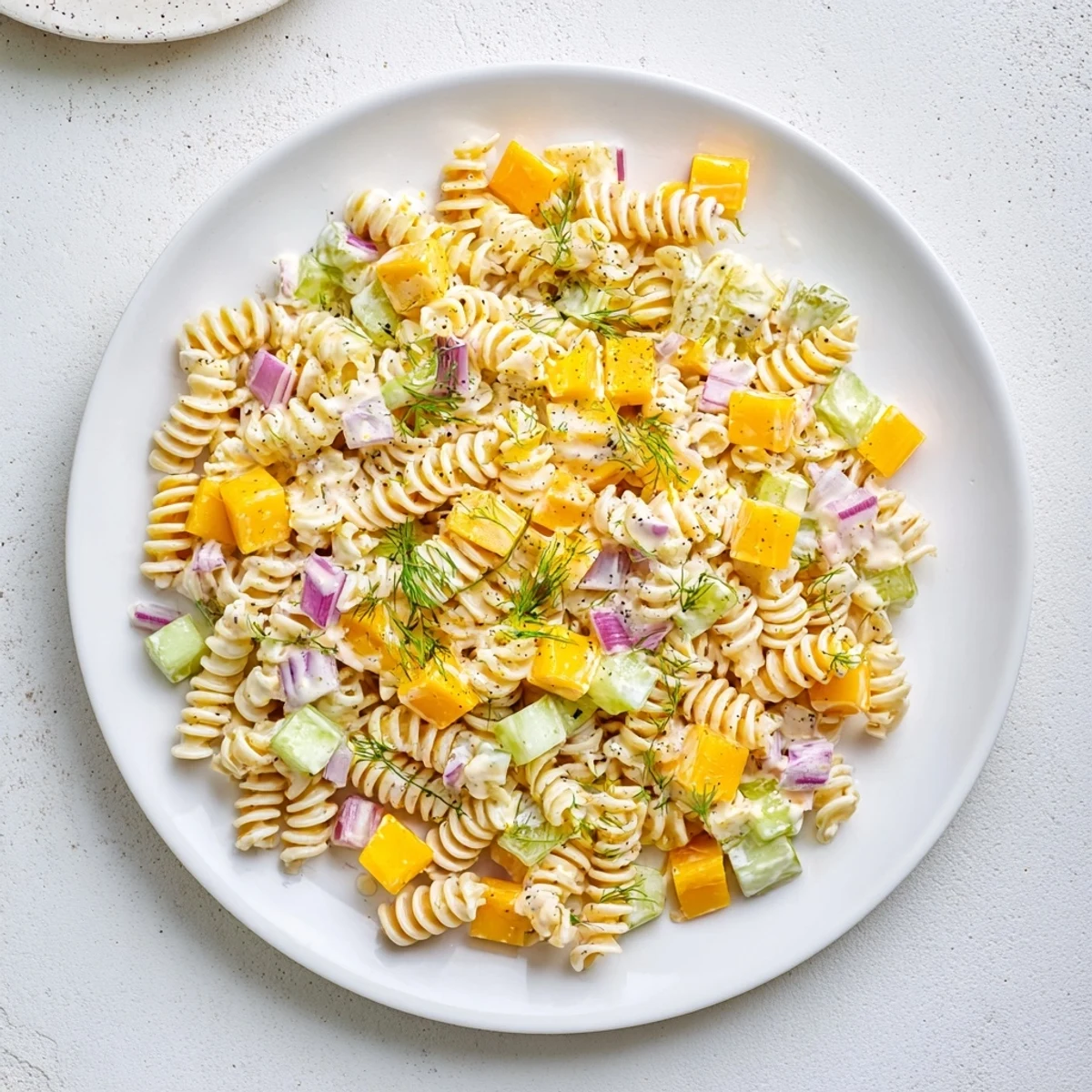 Creamy, chilled Dill Pickle Pasta Salad with crunchy pickles and cheddar cheese ready to serve.