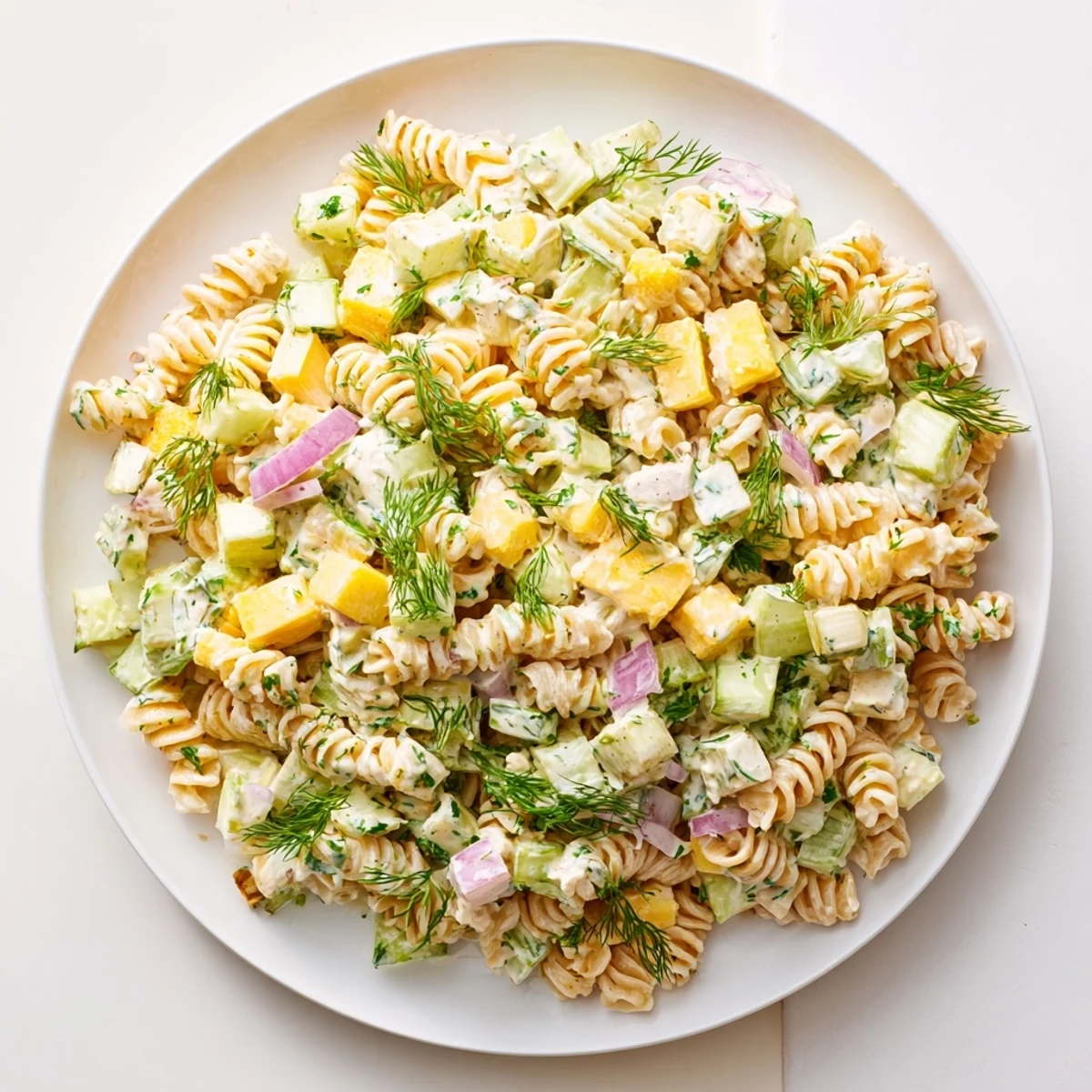 Bright, vibrant Dill Pickle Pasta Salad, with visible dill sprigs and creamy dressing, perfect for summer.