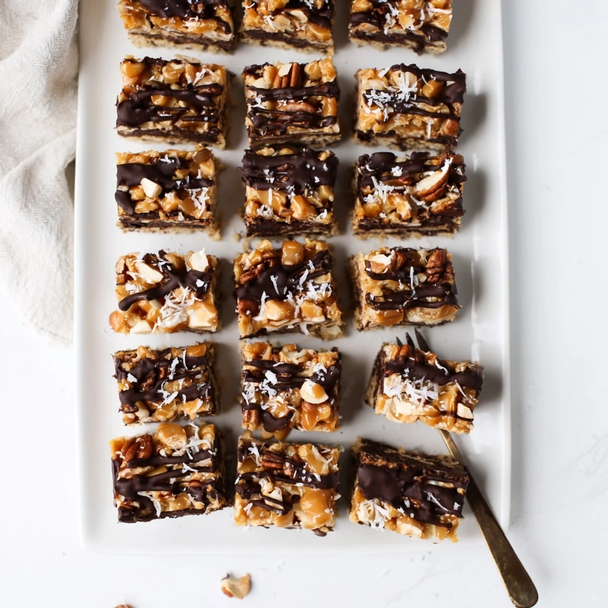 Golden, gooey 7-Layer Magic Bars topped with sea salt caramel, a perfect dessert recipe.