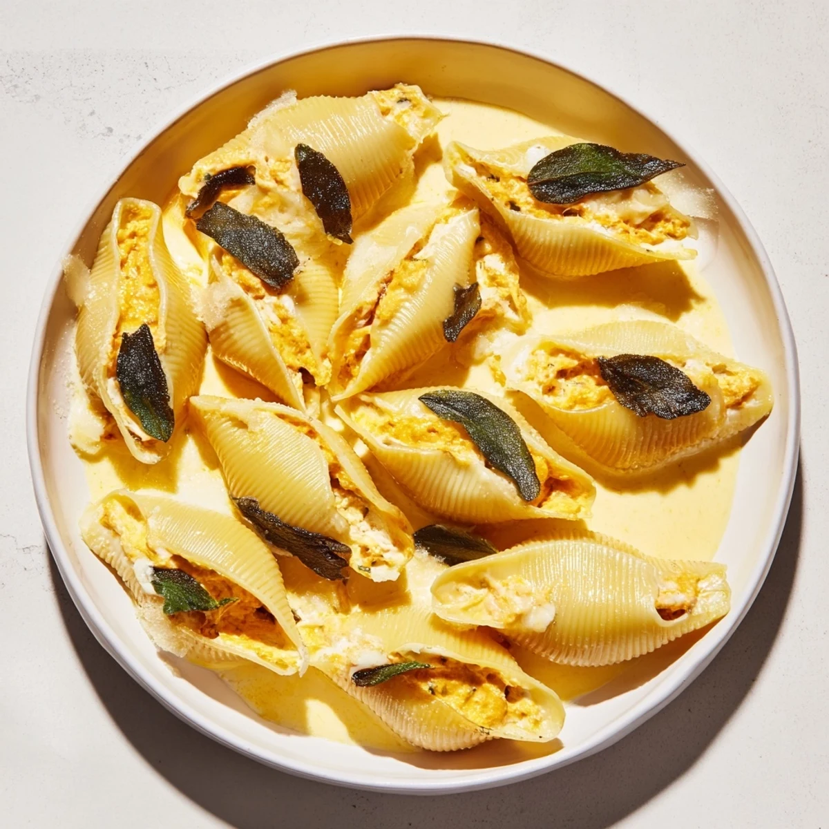 Tender Pumpkin & Gouda Stuffed Shells, bubbling golden brown, topped with a rich brown butter sauce.