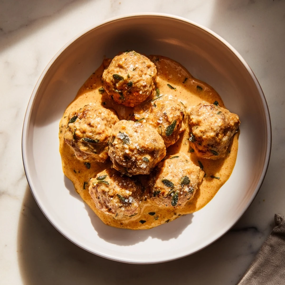 A warm plate of savory turkey meatballs, coated in velvety pumpkin sauce; a perfect fall meal.