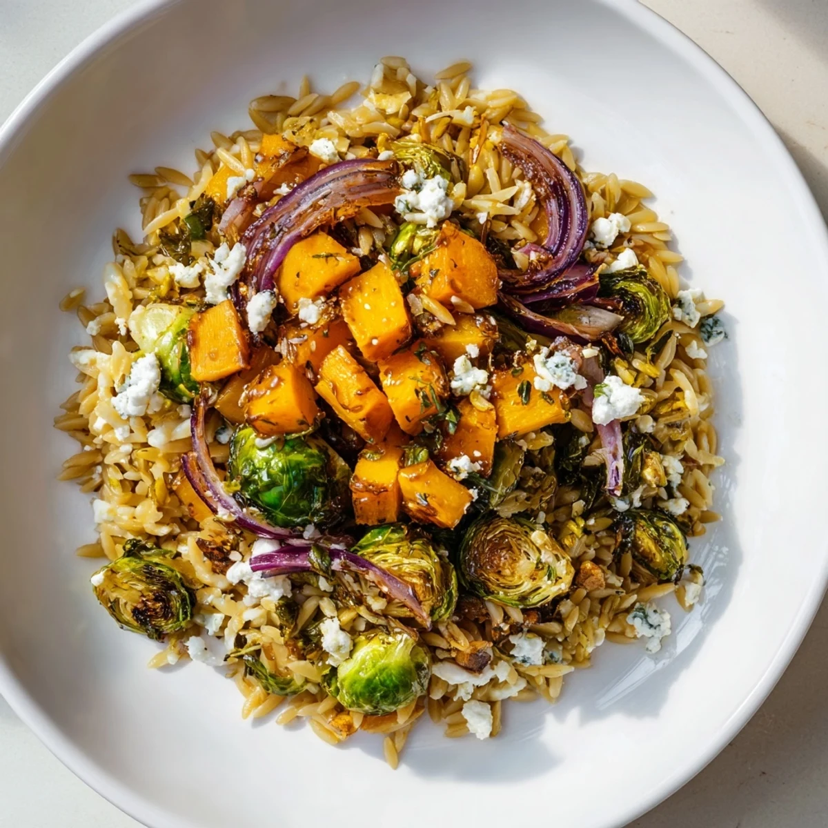 A bowl of colorful Fall Harvest Orzo Salad with creamy goat cheese, ready to be enjoyed.