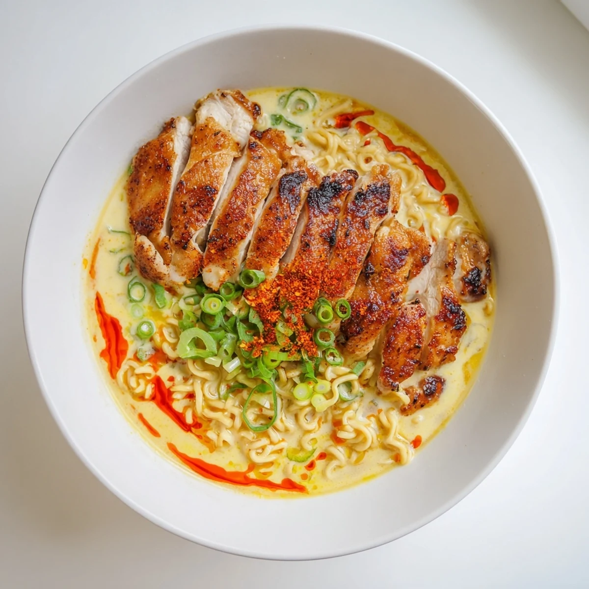 Fiery Chicken Ramen with creamy garlic sauce featuring tender sliced chicken with fresh scallions and rich broth.