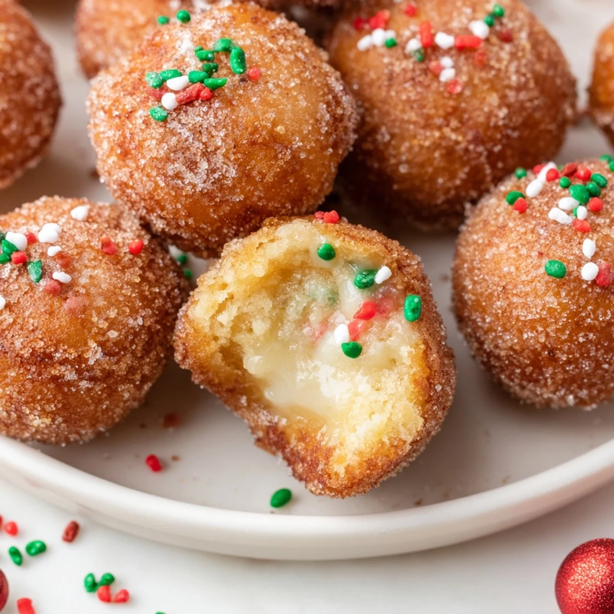 Golden, crispy Air Fryer Christmas Donut Holes, dusted in cinnamon sugar and covered in sprinkles for the holidays.