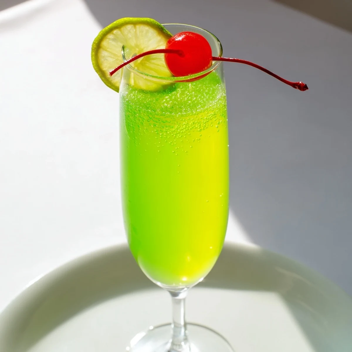 Festive glasses of Quick Grinch Mimosa Mocktail, a family-friendly holiday drink with cherry garnish.