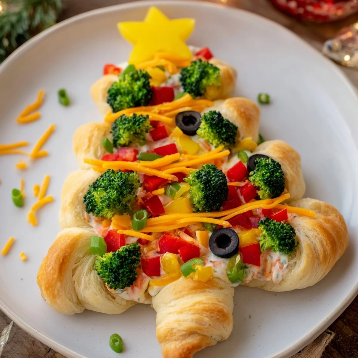 Easy Christmas Tree Veggie Pizza arranged, featuring colorful vegetables in a festive, delicious appetizer.