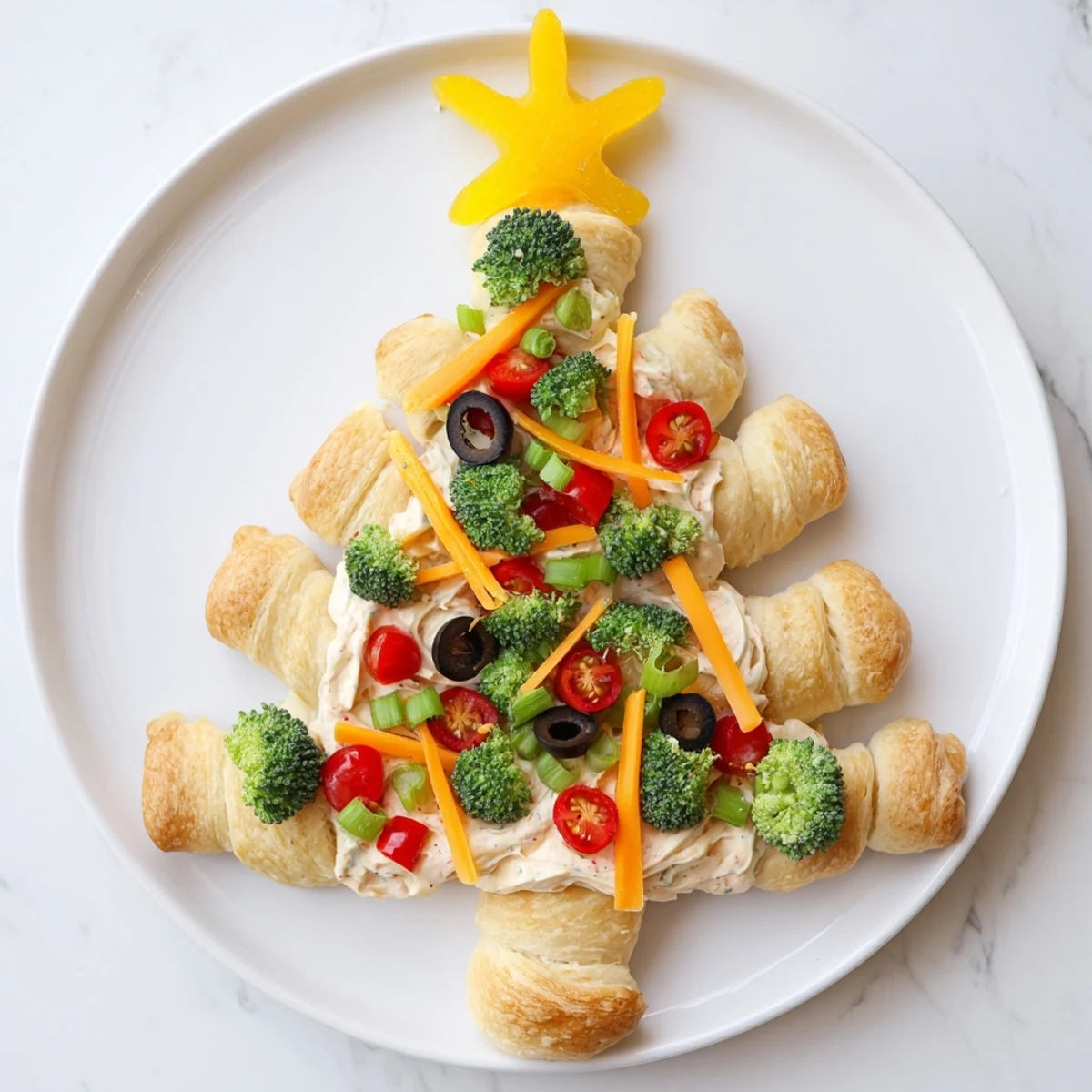 Bright and cheerful close-up of the completed Easy Christmas Tree Veggie Pizza, ready to serve and enjoy.