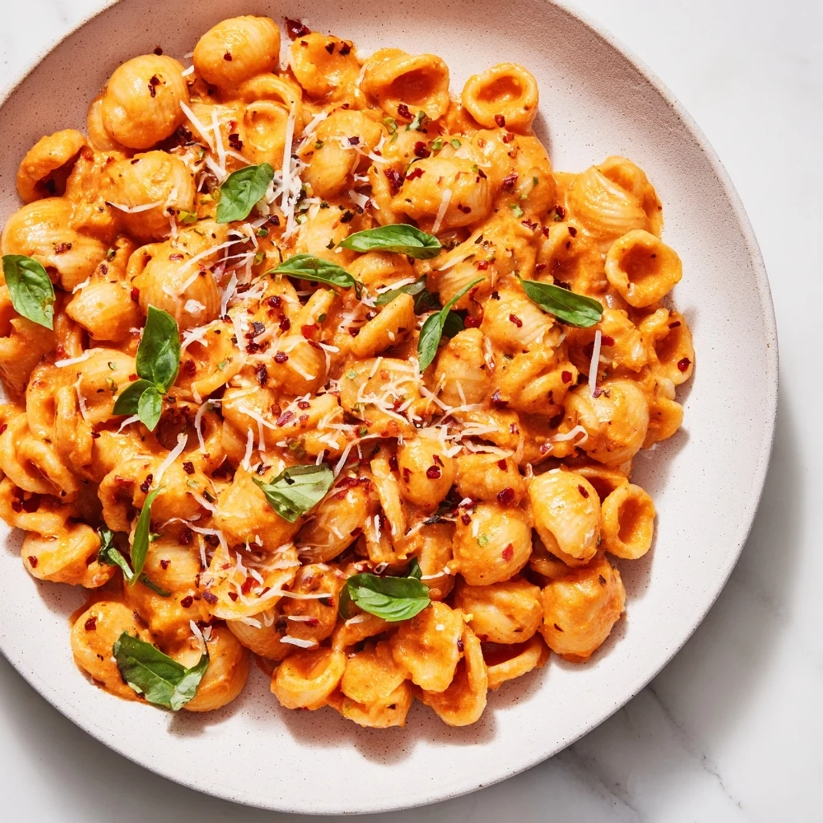Perfectly plated Spicy Vodka Sauce Ditalini; the creamy sauce clings beautifully to each pasta piece.