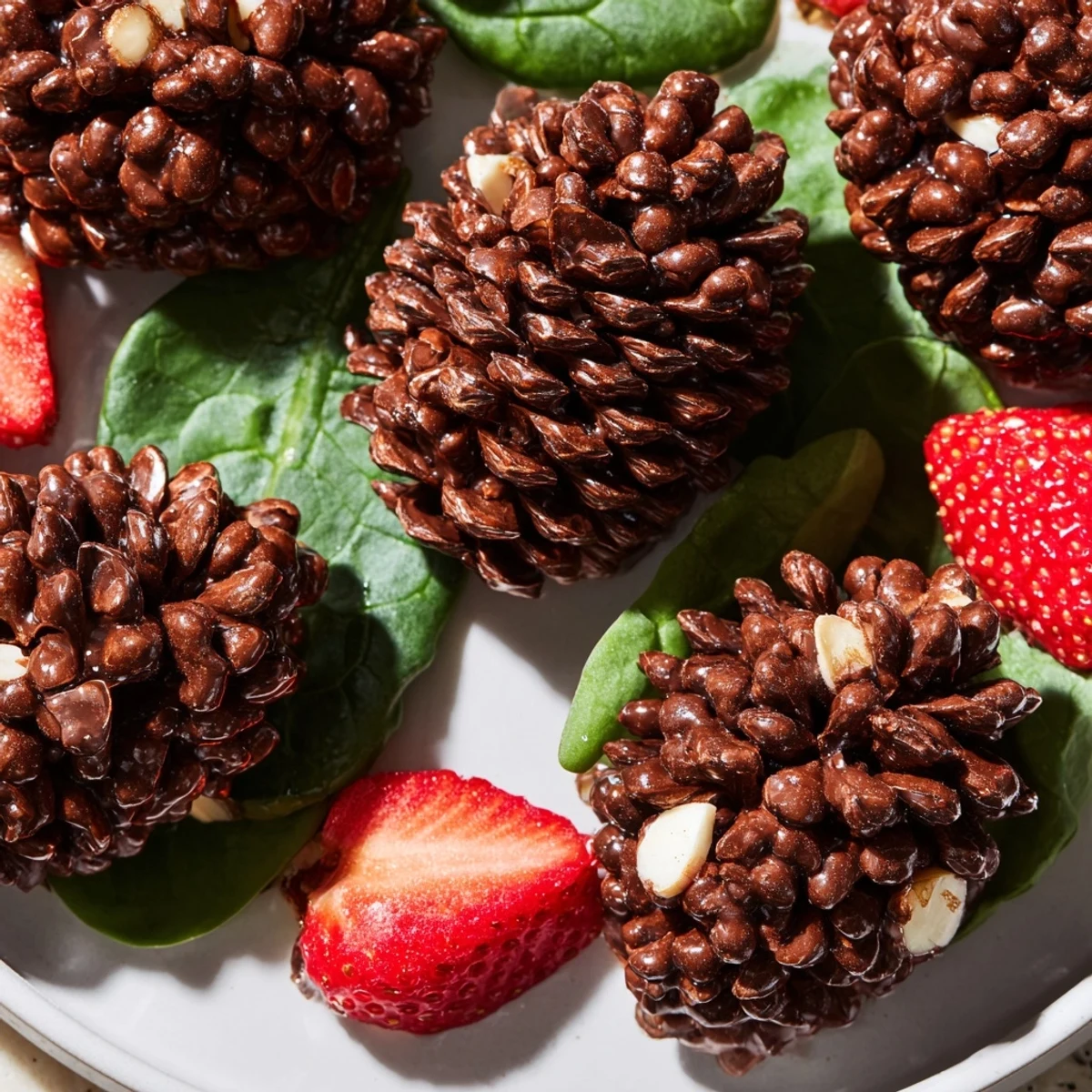 A decadent photo of Coco Pop Chocolate Pinecone Dessert Salad ready on a bed of fresh greens.