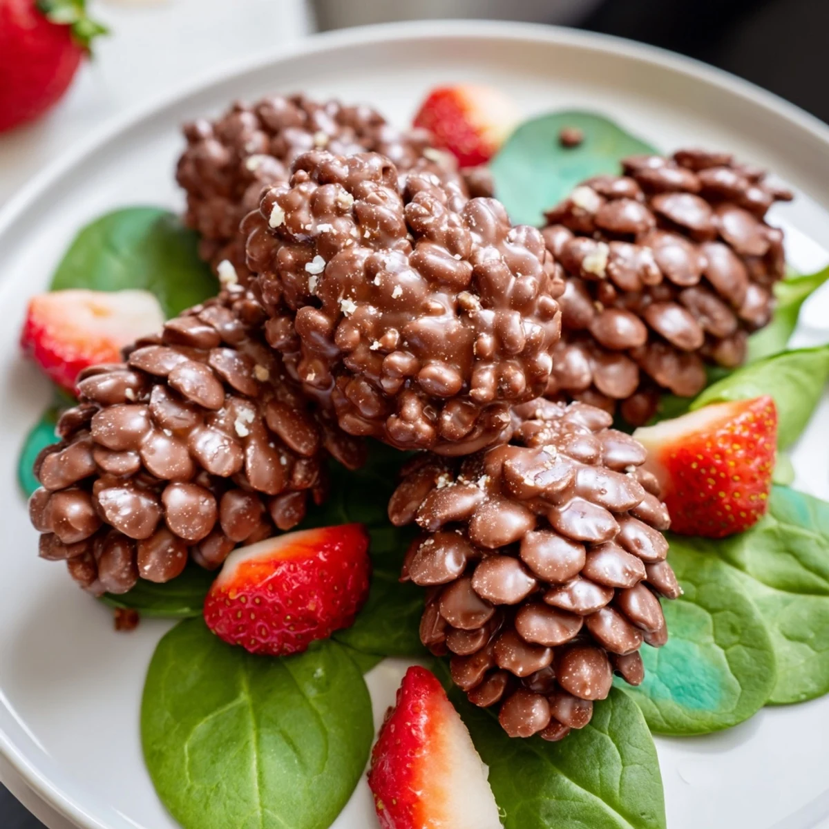 Enjoy the sweet, crunchy texture of these Coco Pop Chocolate Pinecone Dessert Salad treats, dusted with snowy sugar.