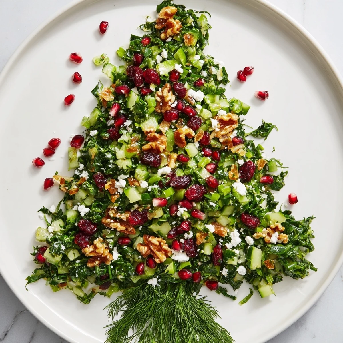 Festive cranberry & feta cheese tree dip salad, a vibrant appetizer for holiday gatherings, featuring fresh herbs.