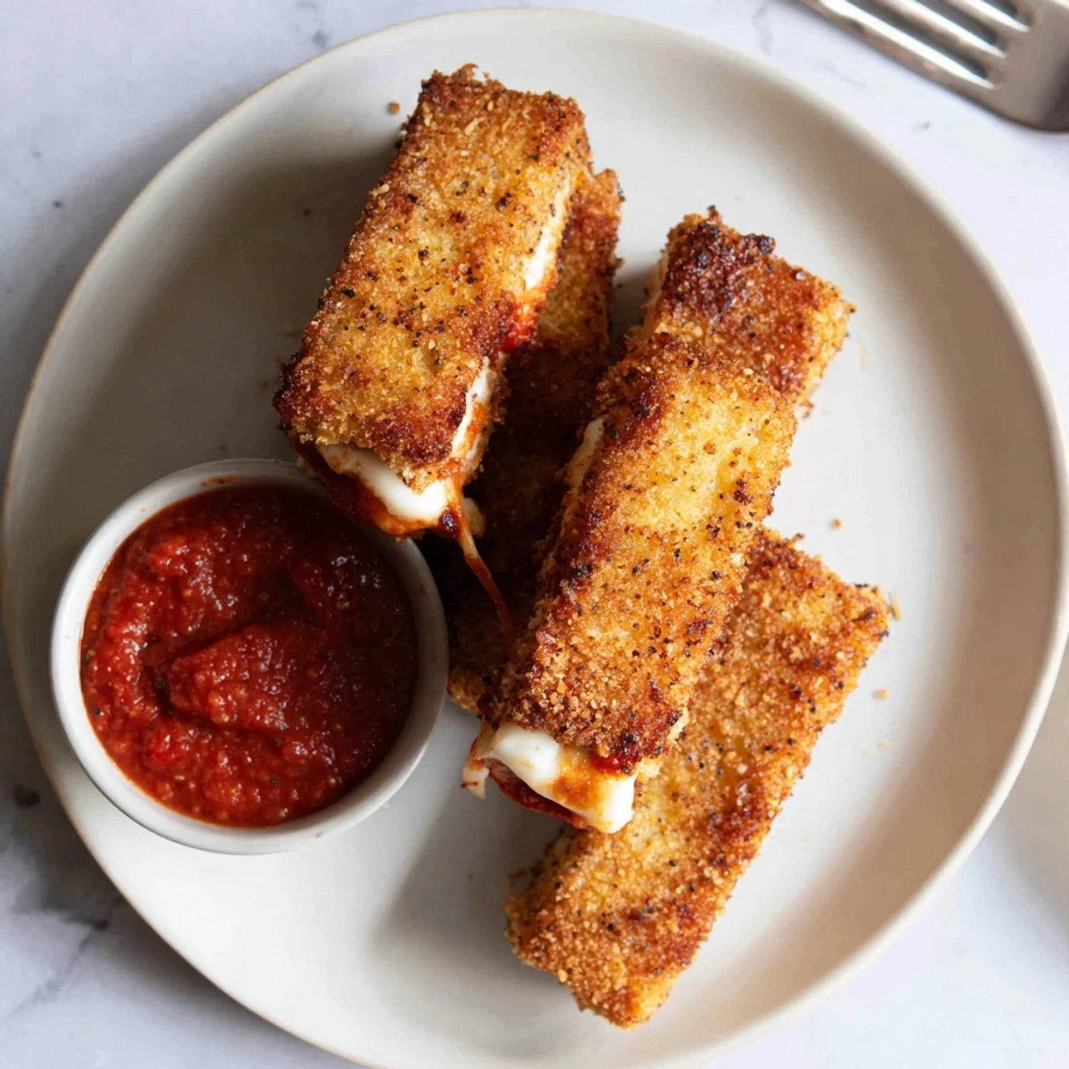 Golden air fryer mozzarella stick grilled cheese fingers, oozing with melted cheese, ready for dipping into marinara.