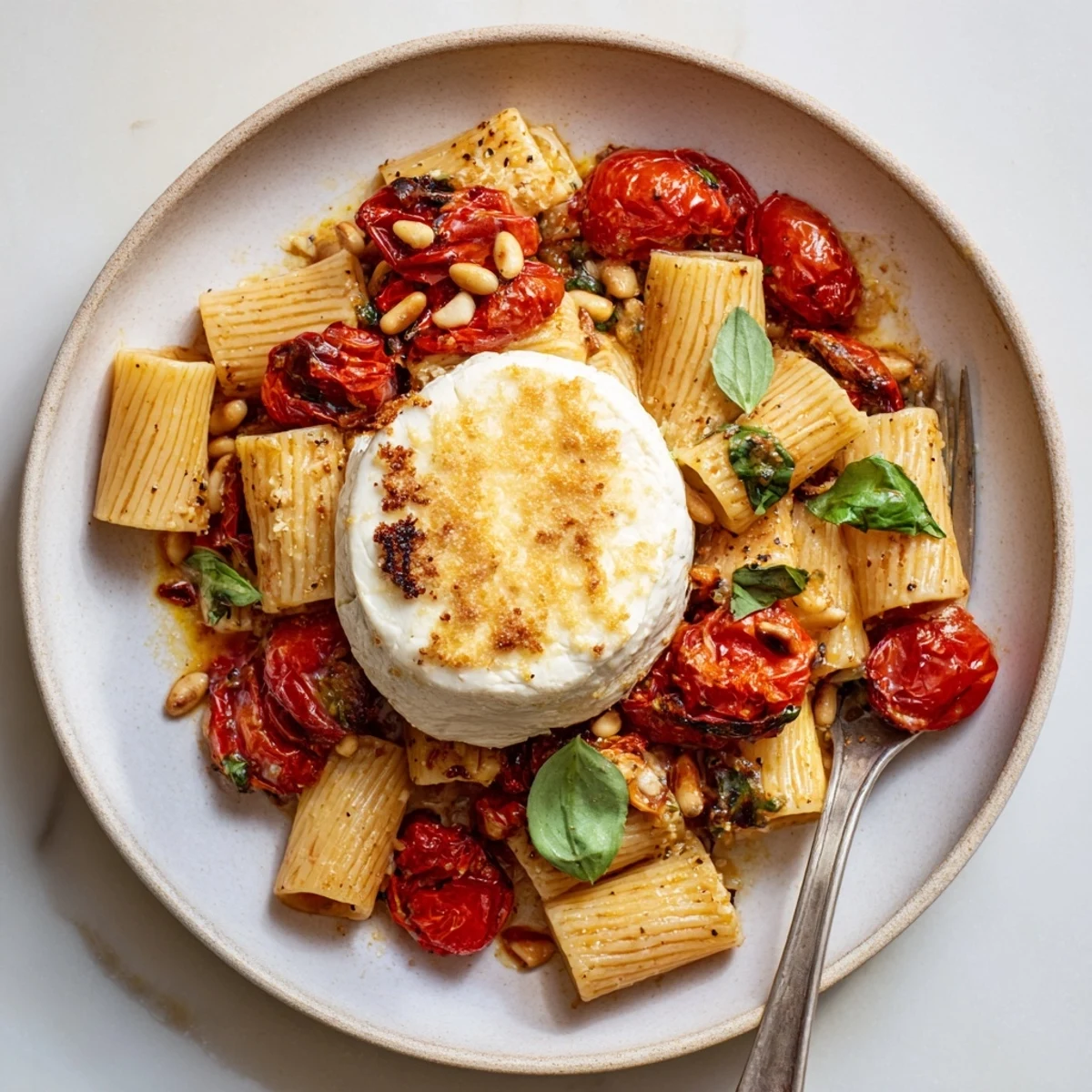 Golden, bubbly Baked Goat Cheese Snowflake Tomato Basil Pasta, a creamy festive vegetarian main course.