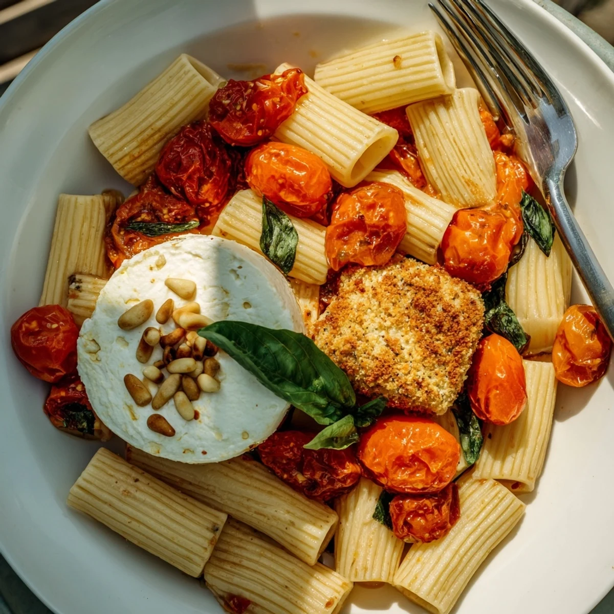 Vibrant close-up of Baked Goat Cheese Snowflake Tomato Basil Pasta with blistered tomatoes; a truly impressive dinner.