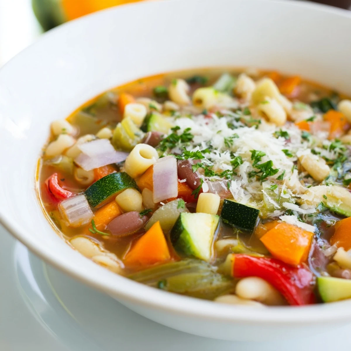 Vibrant image of the hearty Veggie-Packed Minestrone Christmas Pasta Pot with colorful veggies and pasta.