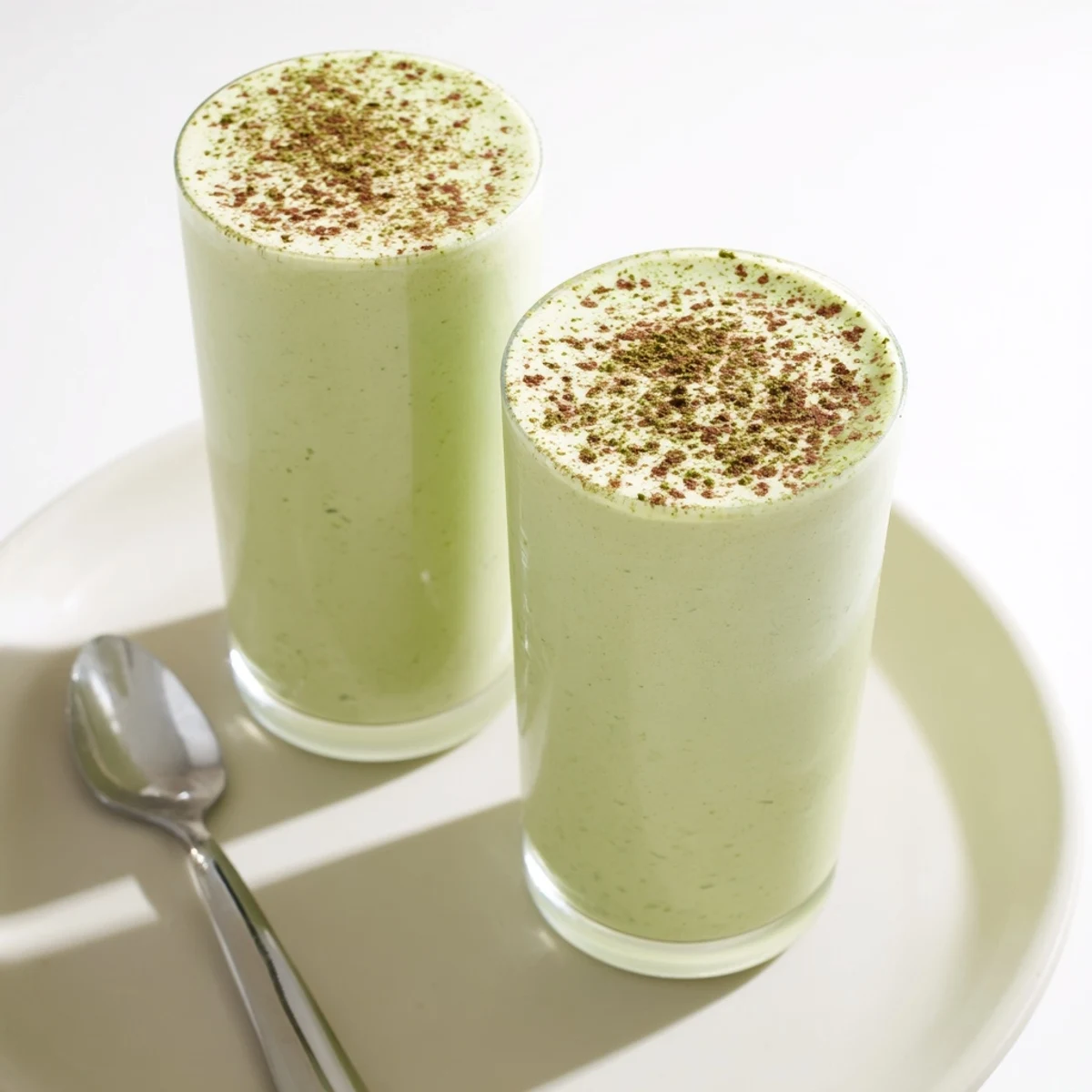 Creamy Matcha Eggnog Collagen Breakfast Smoothie swirled in a glass, ready for a festive breakfast.