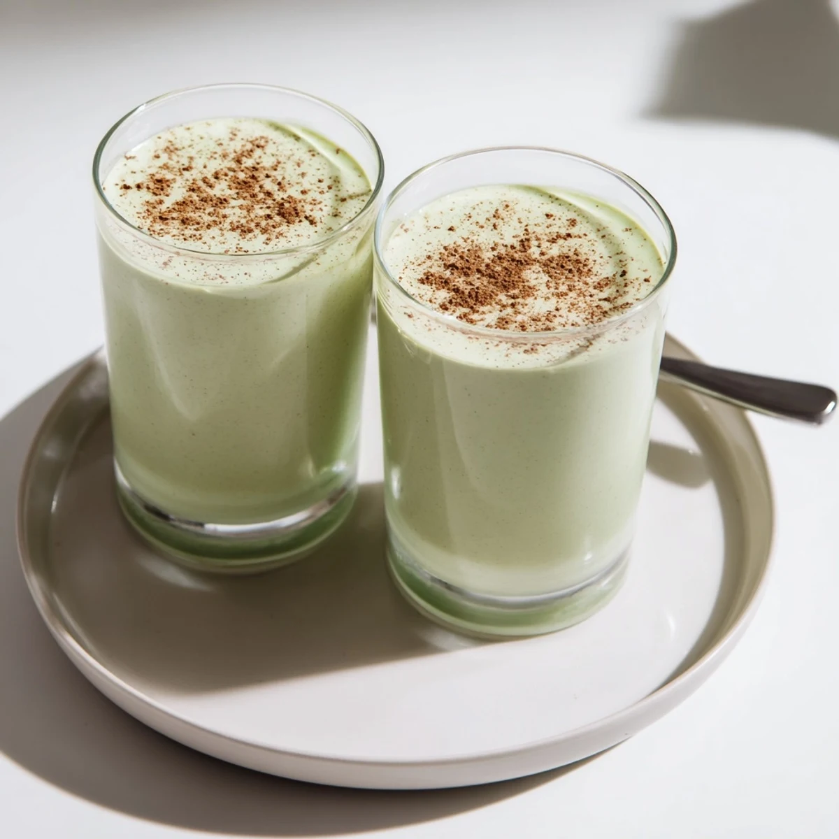 Rich green and white colors of a Matcha Eggnog Collagen Breakfast Smoothie promise a delicious, healthy drink.
