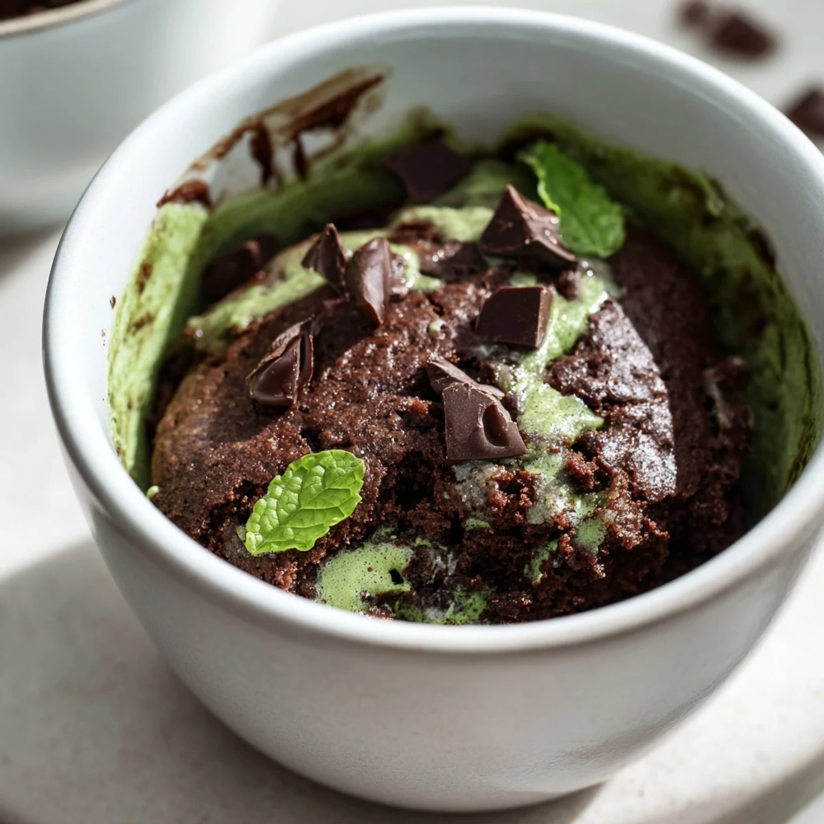 Enjoy a warm, single Matcha Peppermint Brownie Batter Mug Cake with melty chocolate chips.