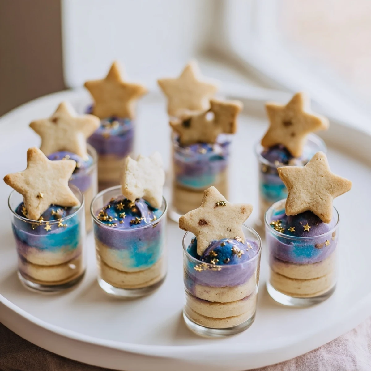 A delicious Stargazers Dessert Platter, featuring star-shaped shortbread and galaxy mousse that's out of this world.