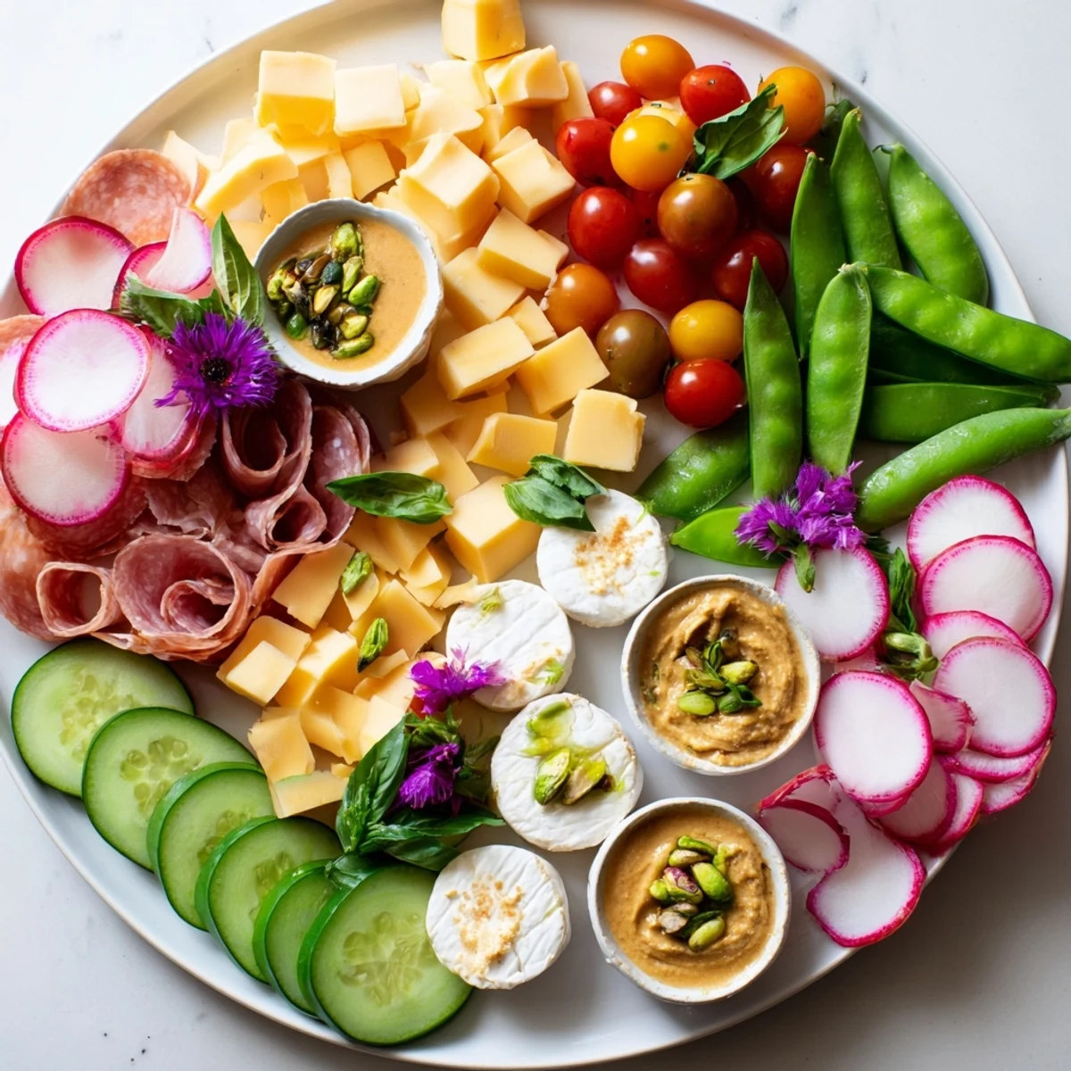 Dragonfly Dance appetizer tray with colorful vegetables, cheeses, and meats arranged artfully.