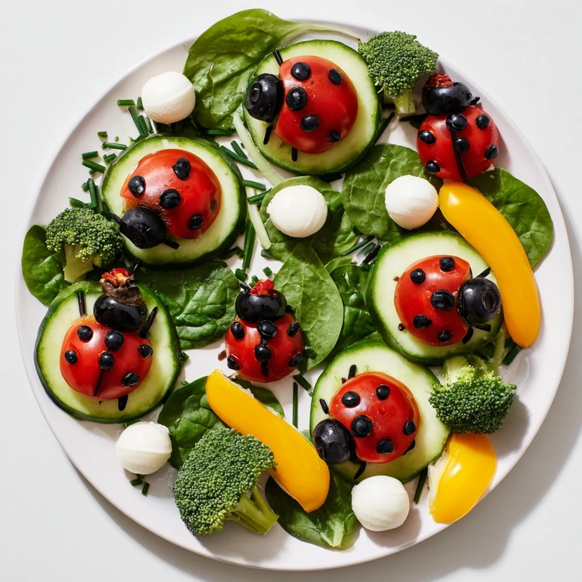Ladybug Garden Platter: Vibrant cherry tomato ladybugs sit amid fresh greens and mozzarella cheese.