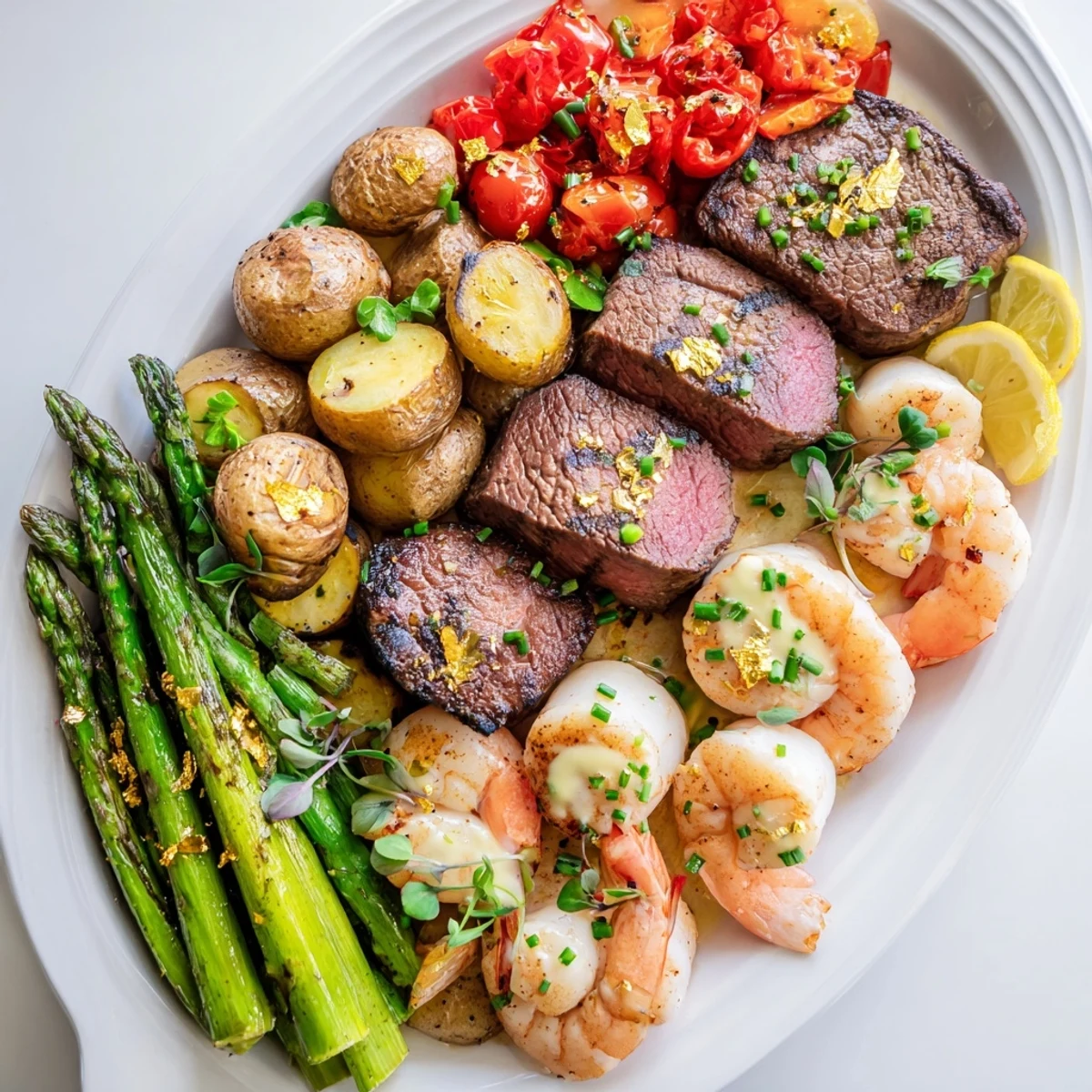 This Golden Heart Luxury Platter presents a beautiful arrangement with seared scallops and vibrant roasted vegetables.