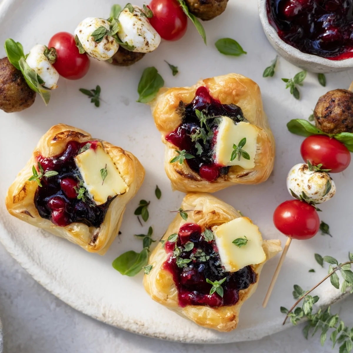 A delicious sampler, this Joy to the World Festive Appetizer Trio features warm, spiced Moroccan meatballs with dipping sauce.