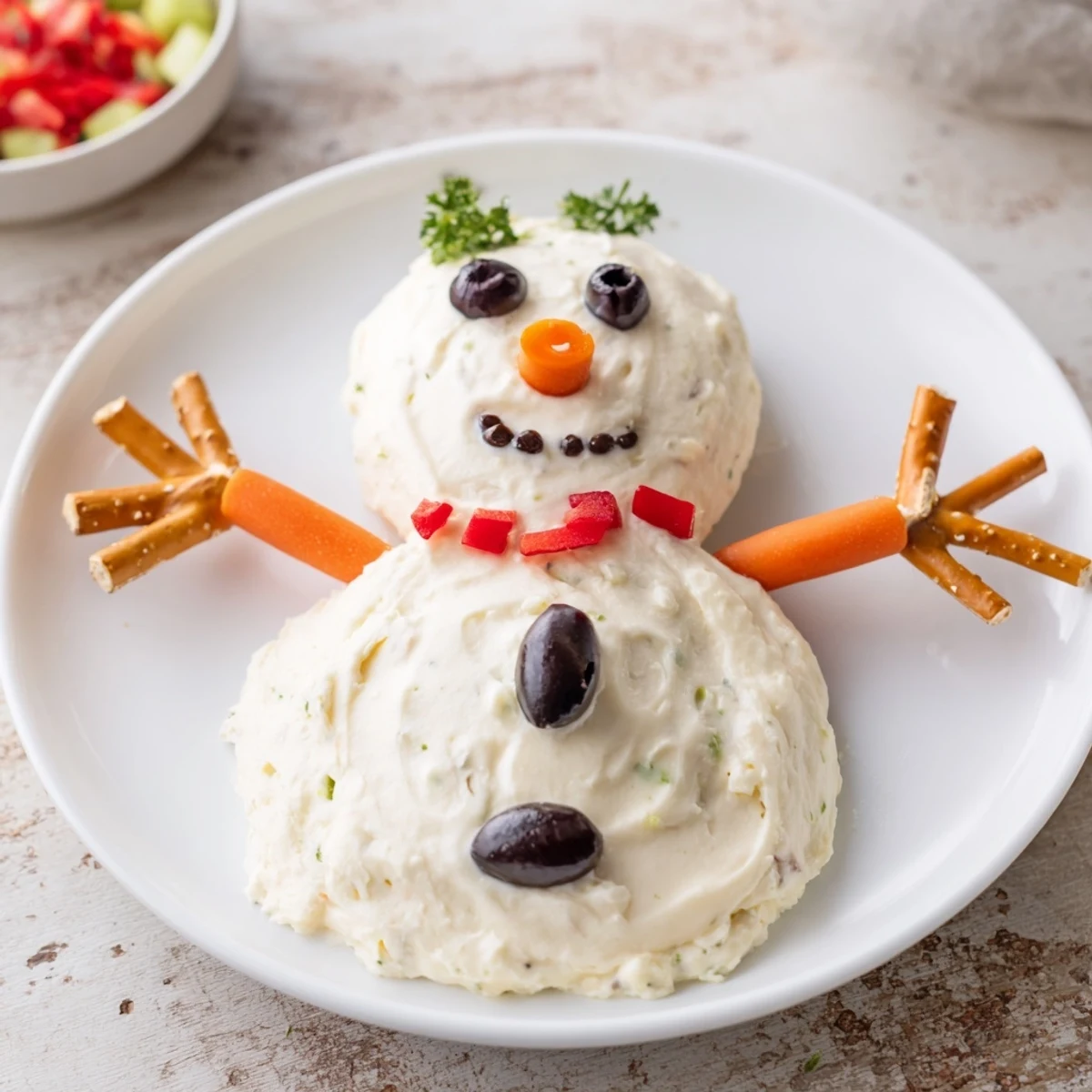 A whimsical Melted Snowman Dip Bowl, creamy and festive, perfect for any winter party appetizer.
