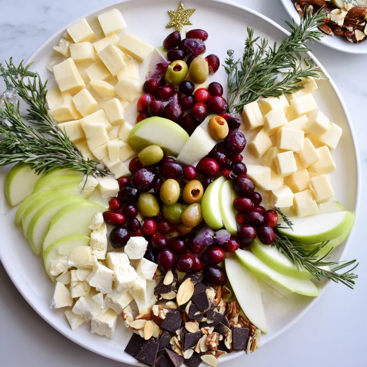 Cranberry Joy Tree Board displays a delicious array of cheeses, fruits, and crackers arranged beautifully.