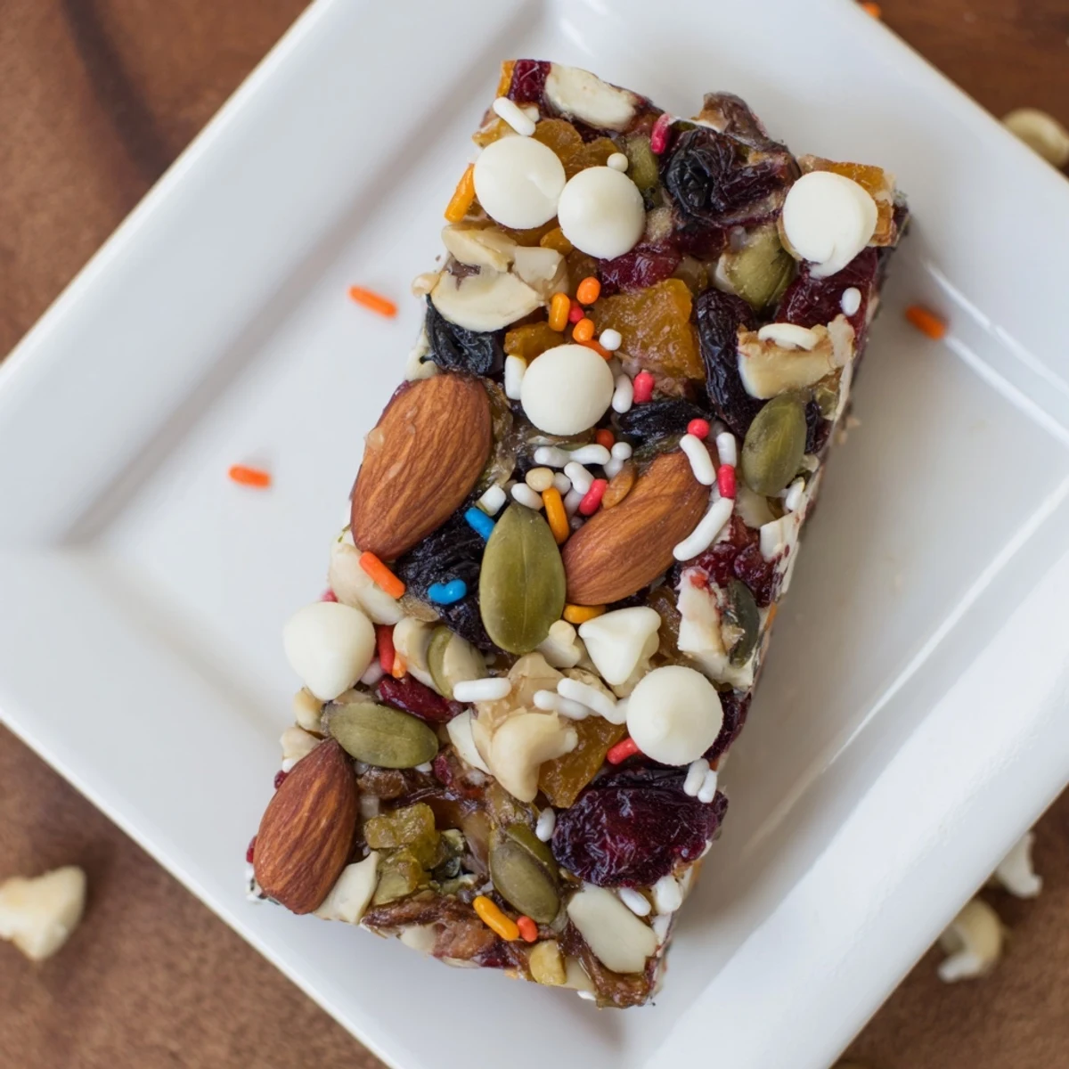 A delicious homemade Winter Wonderland Trail Mix Bar, packed with festive colorful dried fruits.