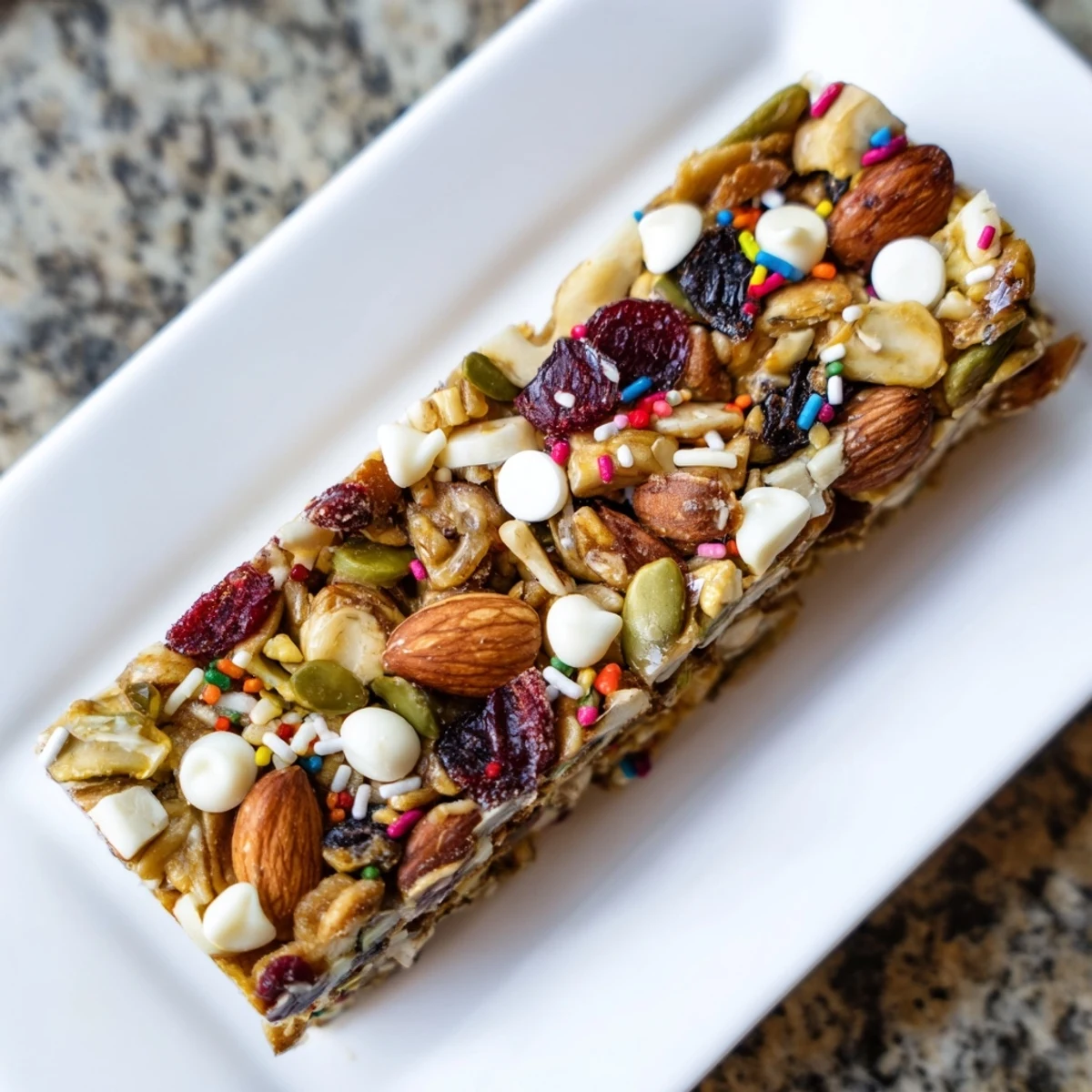 Perfectly chilled Winter Wonderland Trail Mix Bar cut into squares, ready for a delightful, sweet treat.