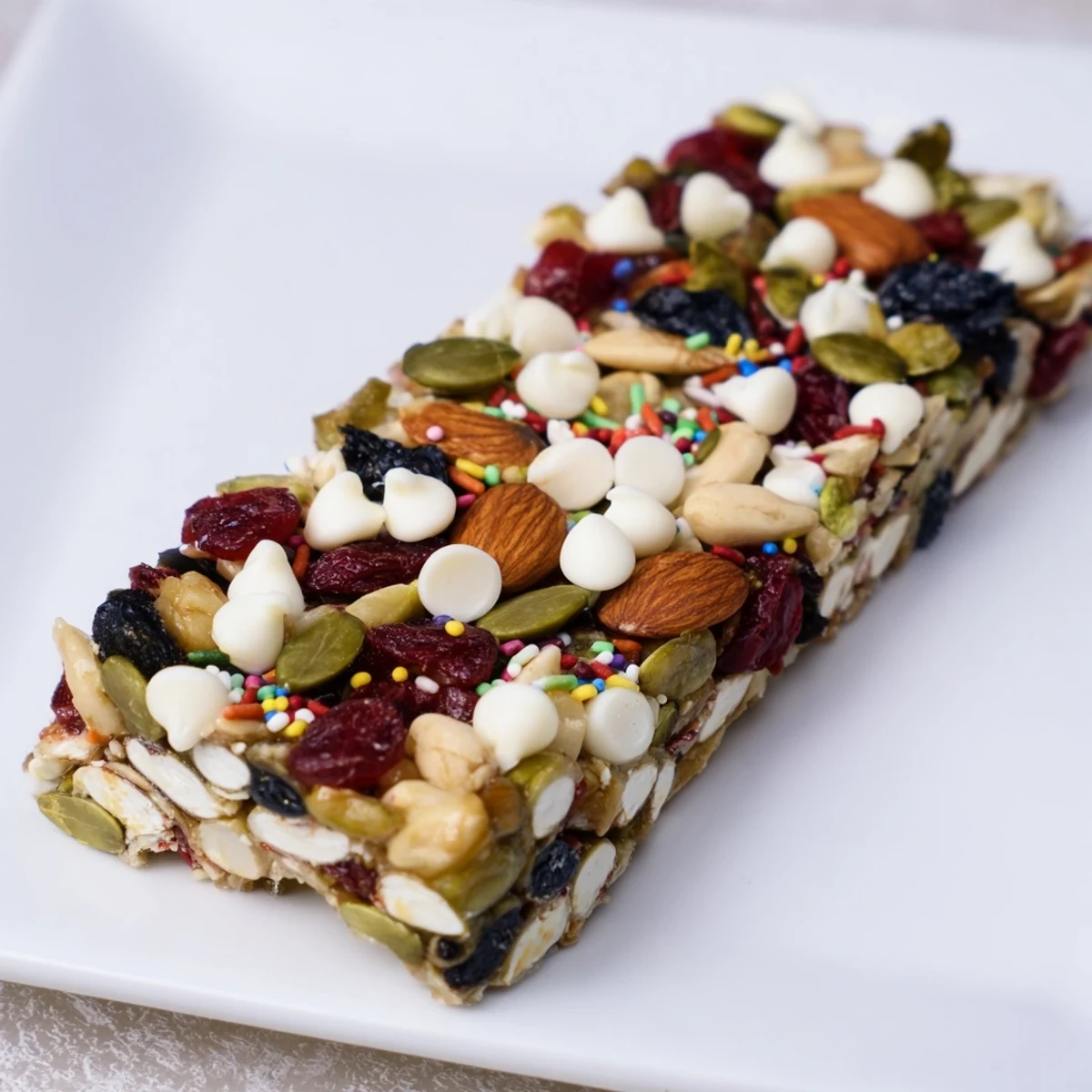 Close-up of a Winter Wonderland Trail Mix Bar, showing nuts, berries, and white chocolate drizzle.