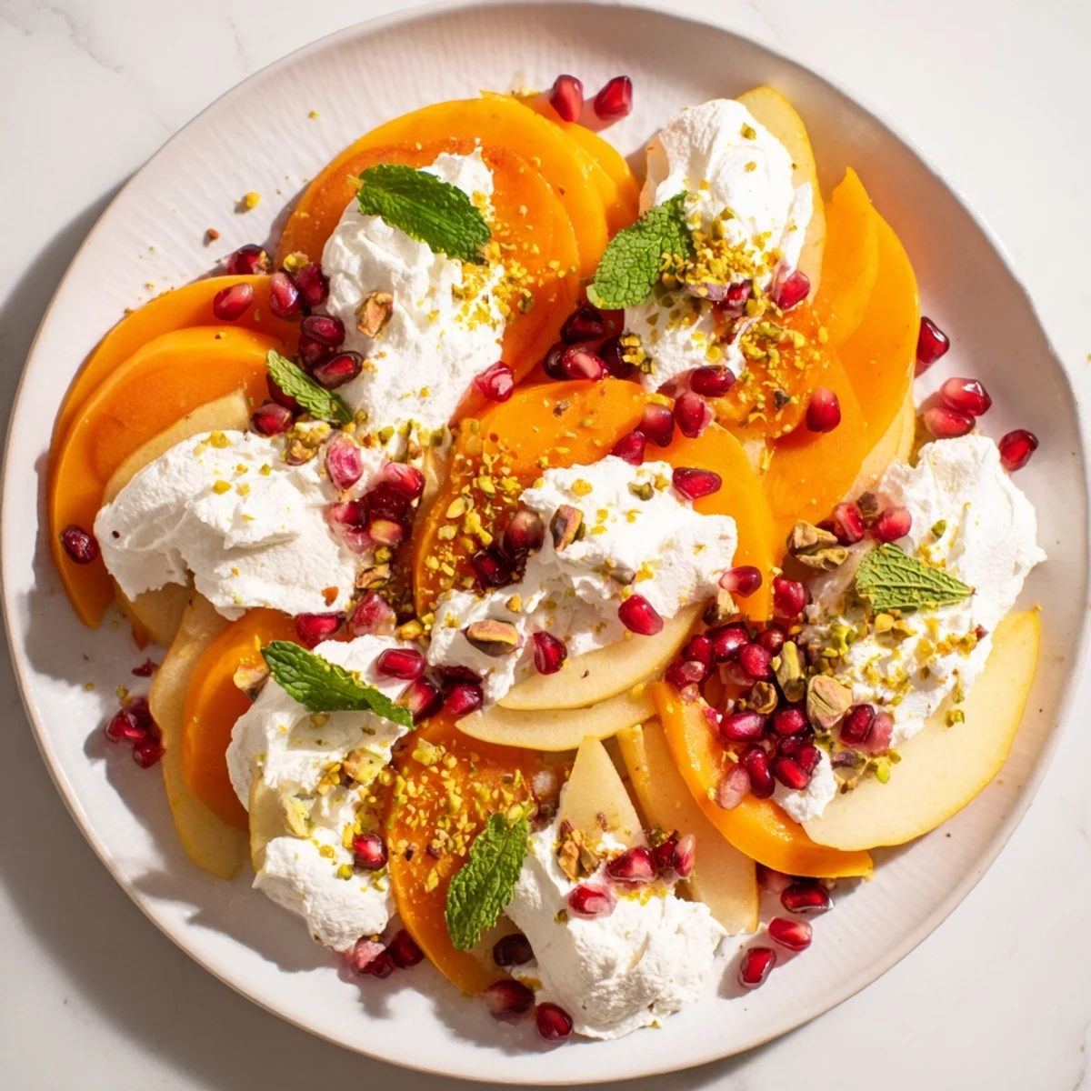 Fresh persimmon and pear snowscape dessert, mascarpone cream-covered with bright pomegranate seeds.