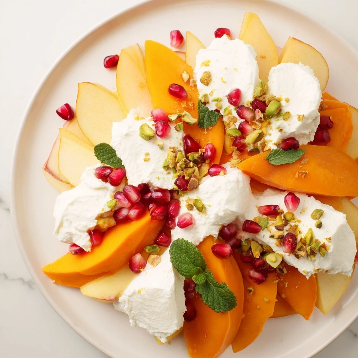 Artistic photo of the winter fruit persimmon and pear snowscape, ready to eat for a refreshing treat.