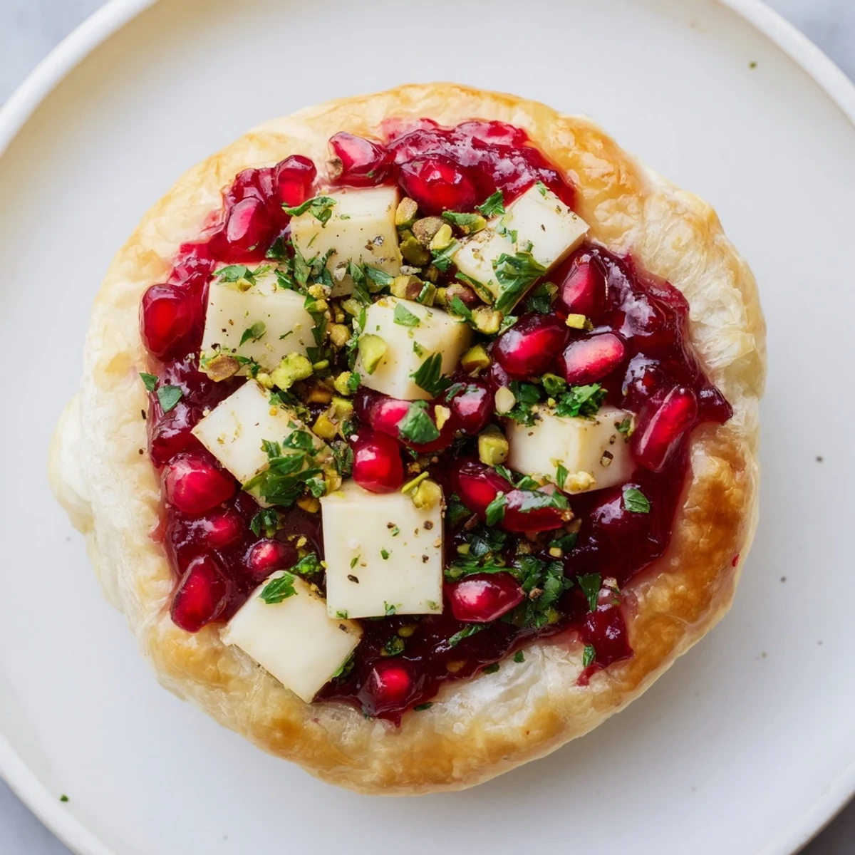 Golden baked Fireworks Brie Tartlets, bursting with melty Brie, sweet preserves, and fresh herbs.