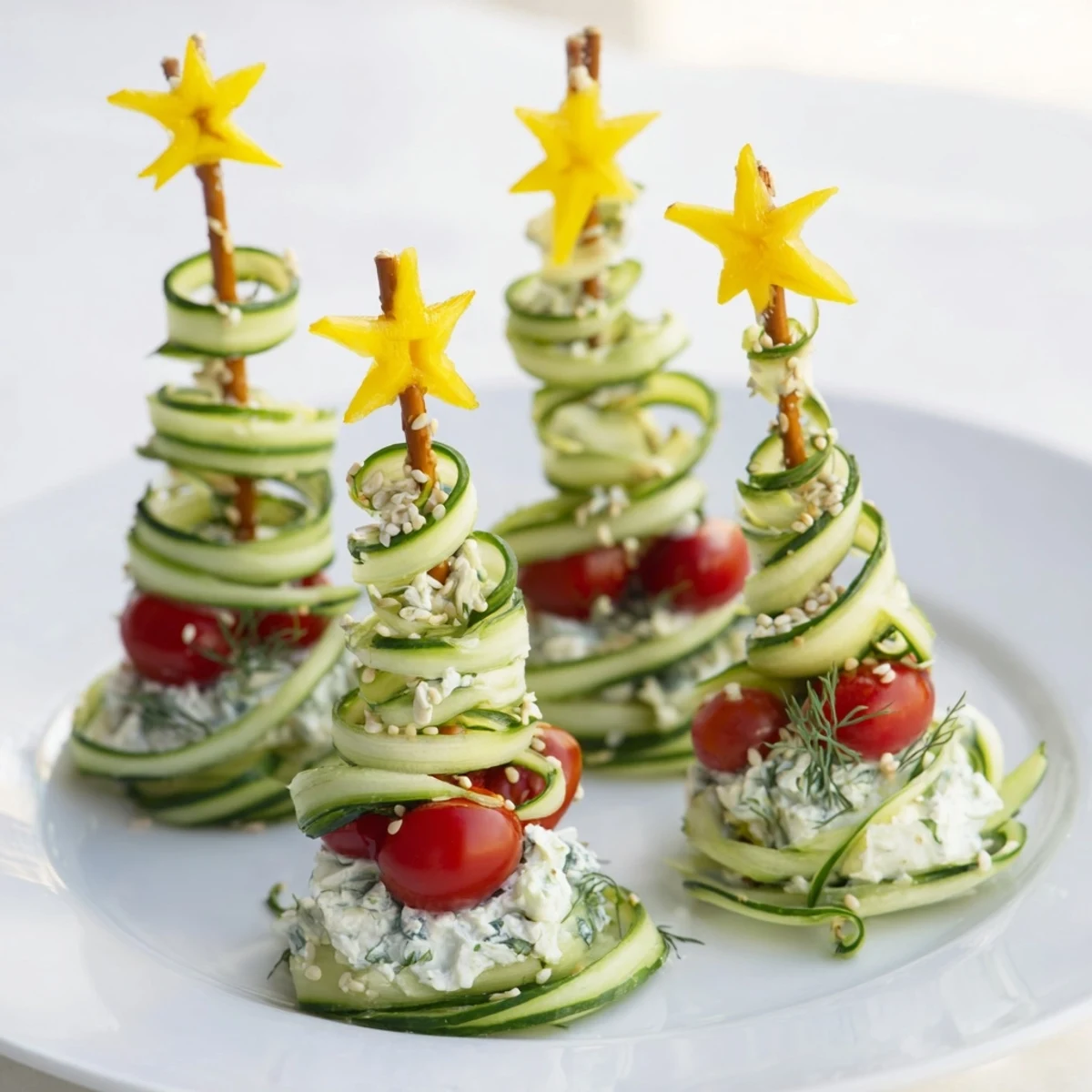 Festive Christmas trees appetizer: Crisp cucumber ribbons elegantly shaped with herbed cream cheese.