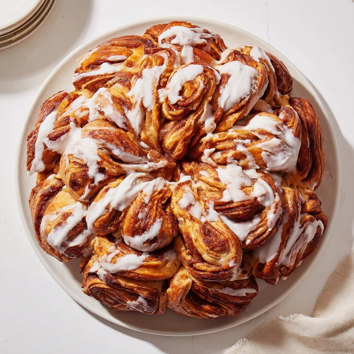Fluffy and golden Giant Snowflake Sweet Rolls, iced and ready for a holiday breakfast table.
