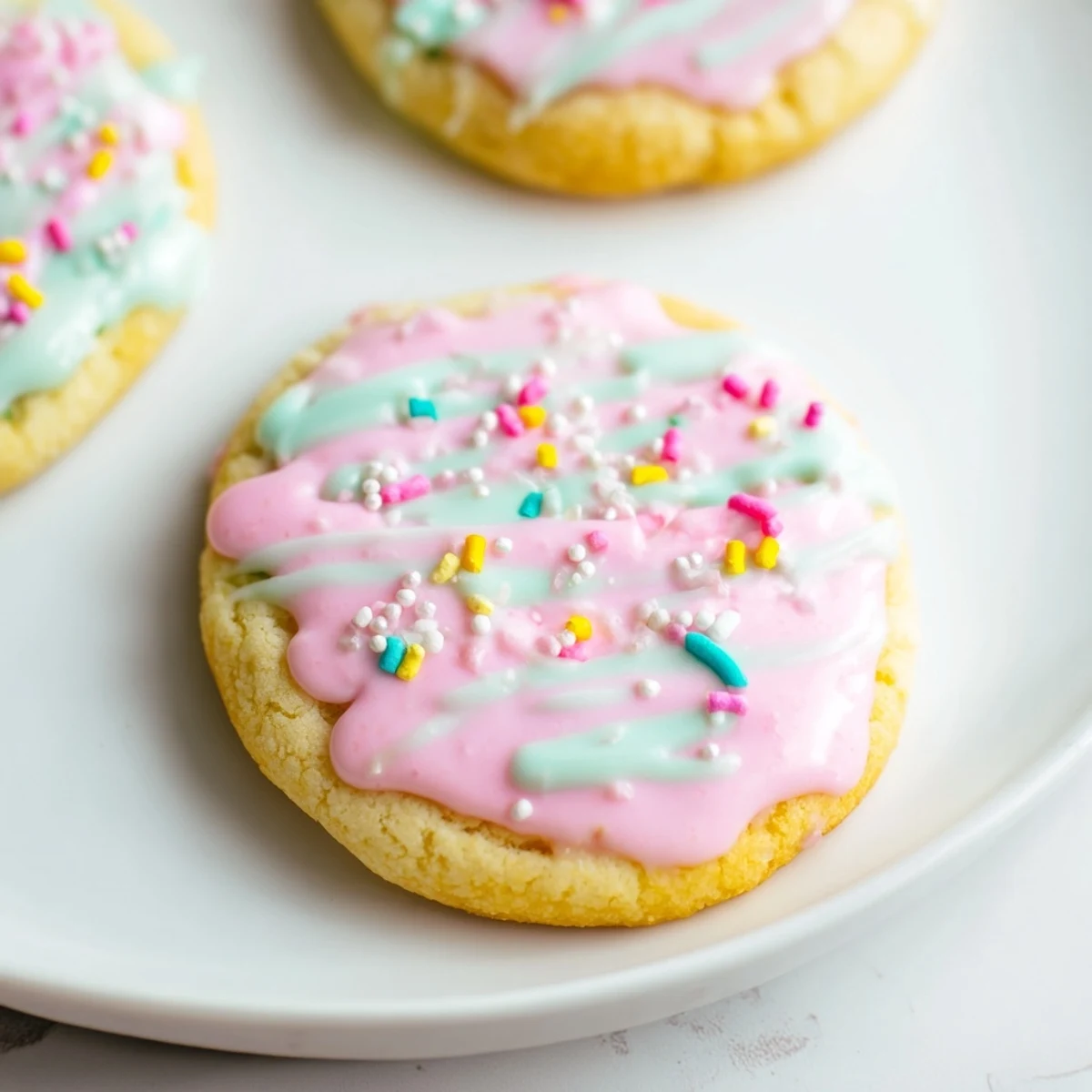 Fresh-baked sugar cookies with a delicate vanilla icing drizzle perfect for sharing and enjoying.