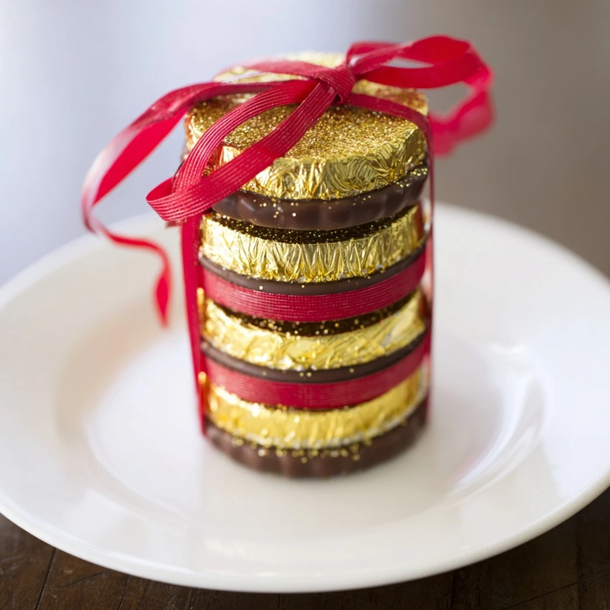 Golden chocolate coin stacks topped with glitter, ready for a party.
