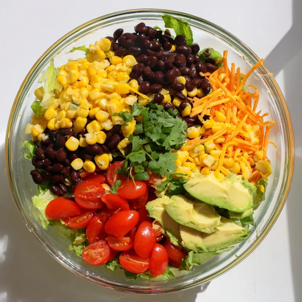 A layered Southwest Sunset Palette salad shows off bright colors, including yellow peppers and flavorful black beans.
