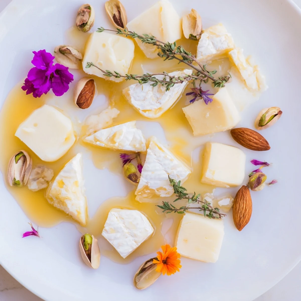 Honeycomb Hexagon Maze, visually appealing cheese platter with honey drizzle, almonds, and pistachios.