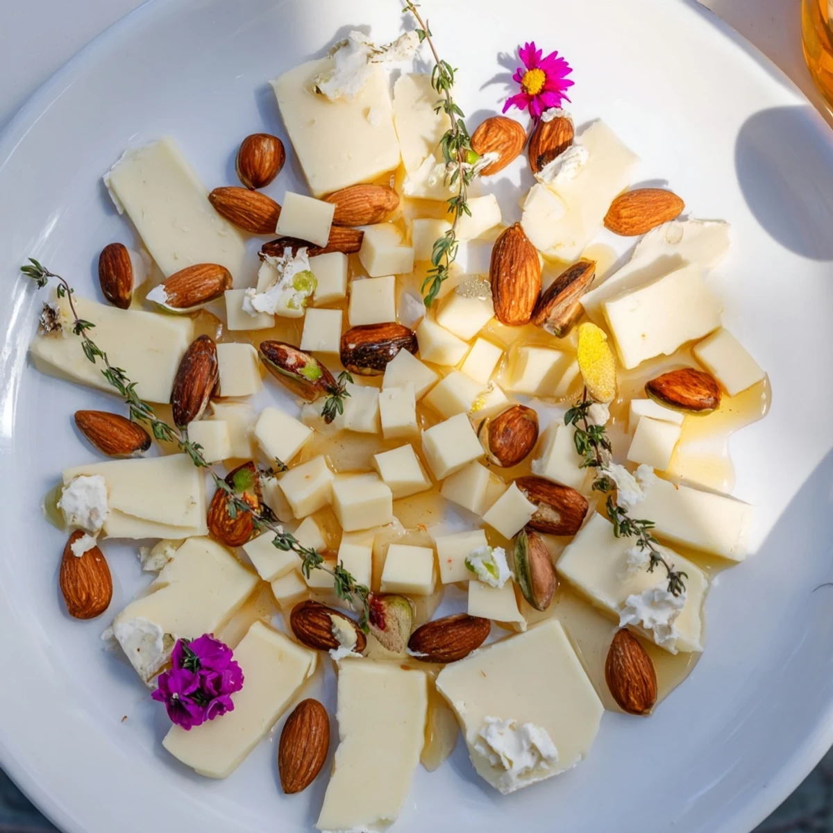 Elegant Honeycomb Hexagon Maze made with cheese, nuts, and drizzled honey—perfect appetizer for sharing.