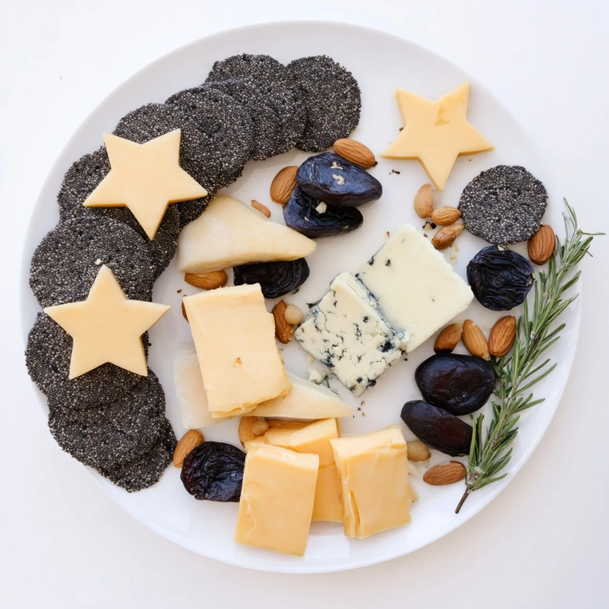 Crescent Moon & Stars Cheese Board: A beautiful appetizer with star-shaped gouda and a cracker crescent, perfect for entertaining.
