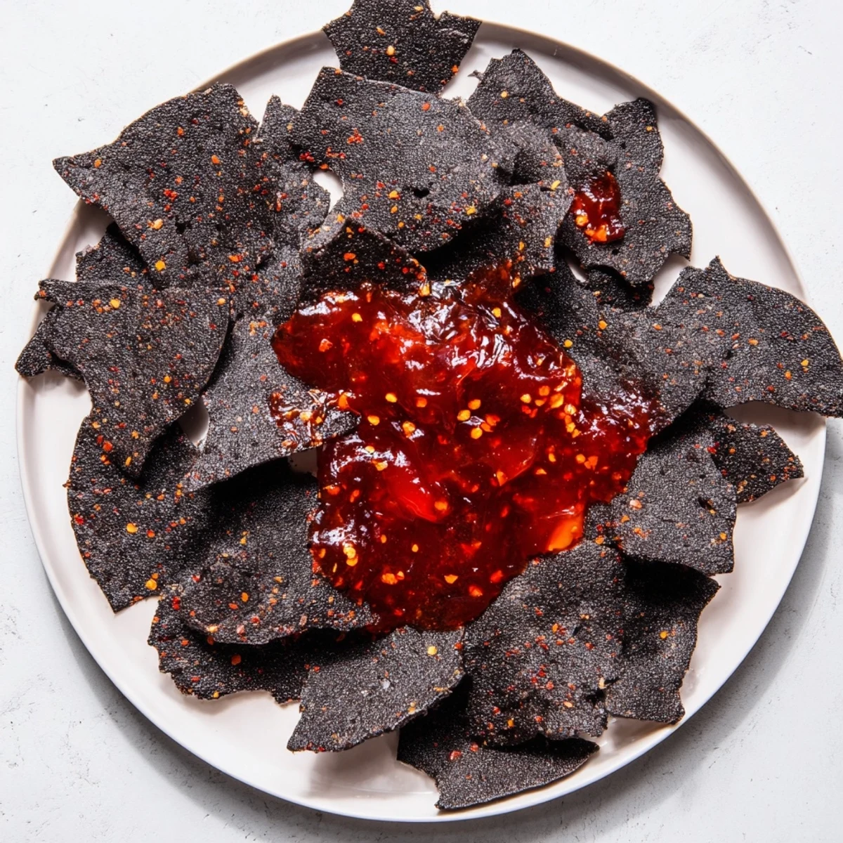 A vibrant appetizer of The Volcanic Flow showcasing fiery red jelly surrounded by dark, crispy crackers.