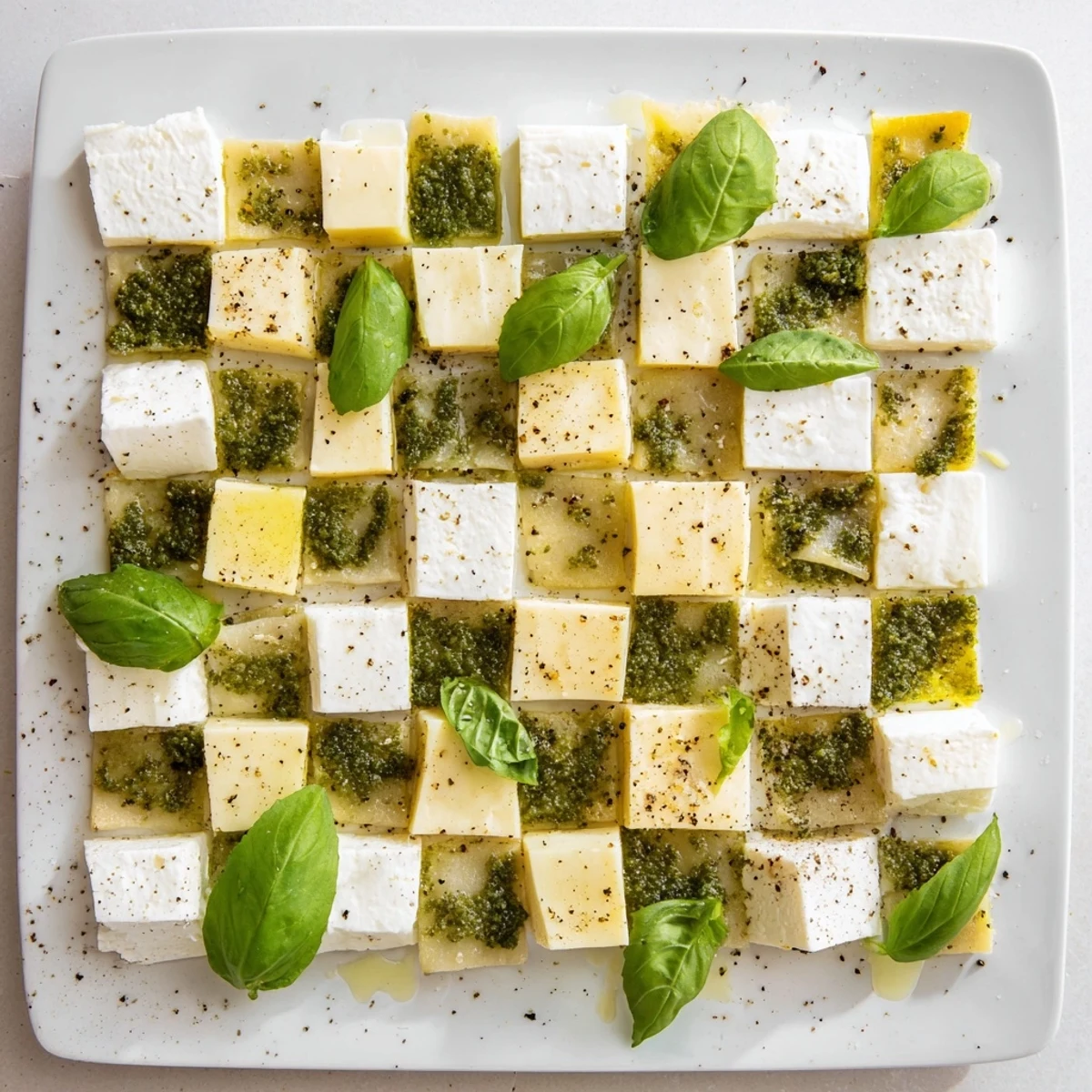 Freshly assembled Checkerboard Garden appetizer, a vegetarian delight with colorful herbs and soft cheeses.