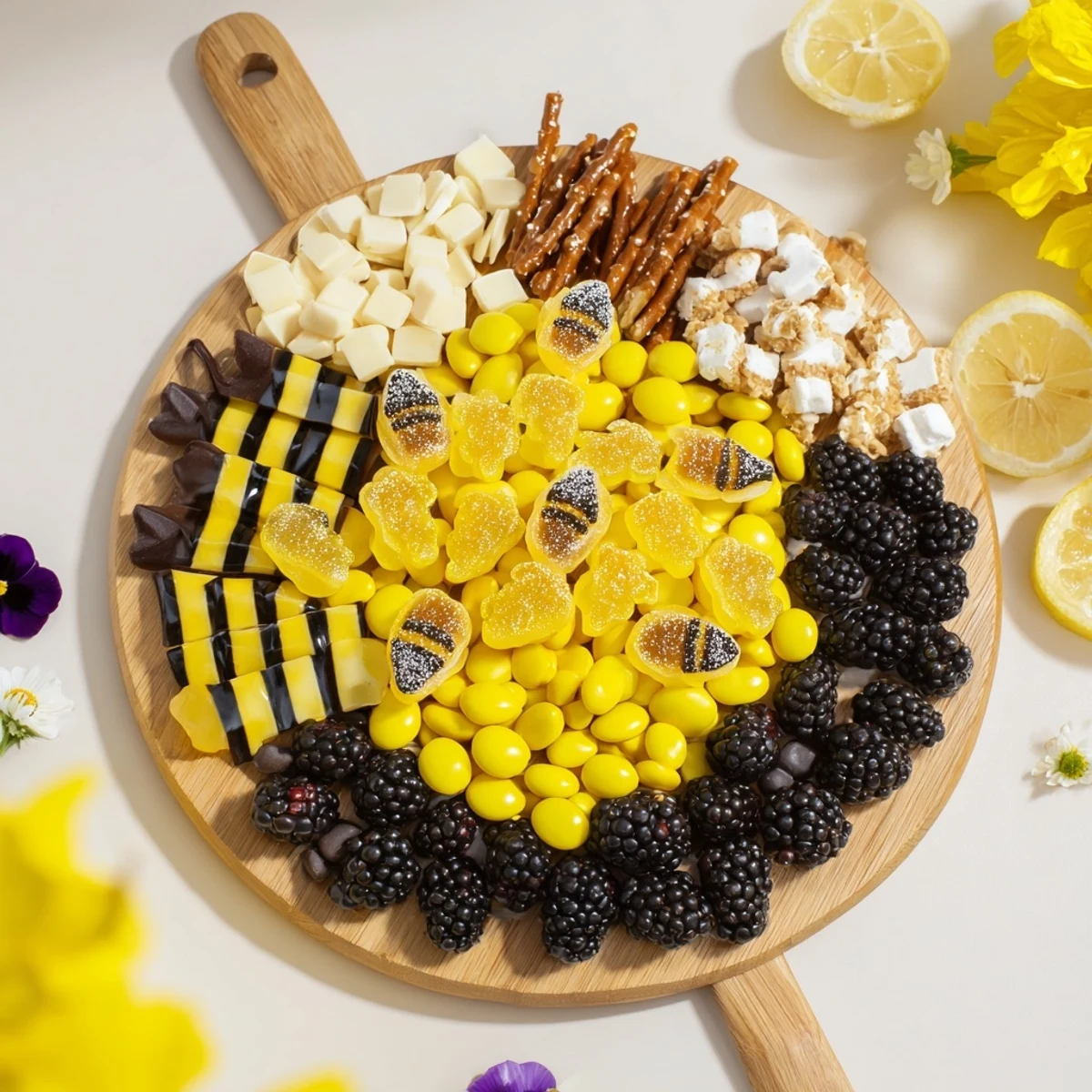 This festive Bumblebee Candy Board features bee-shaped gummies and sweet treats arranged artistically.