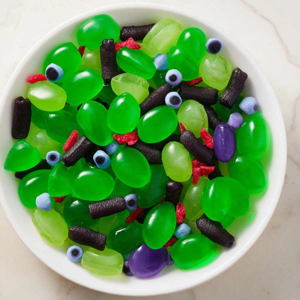 Vibrant Poison Apple Candy Platter: A tempting assortment of green, purple, and black Halloween candies.