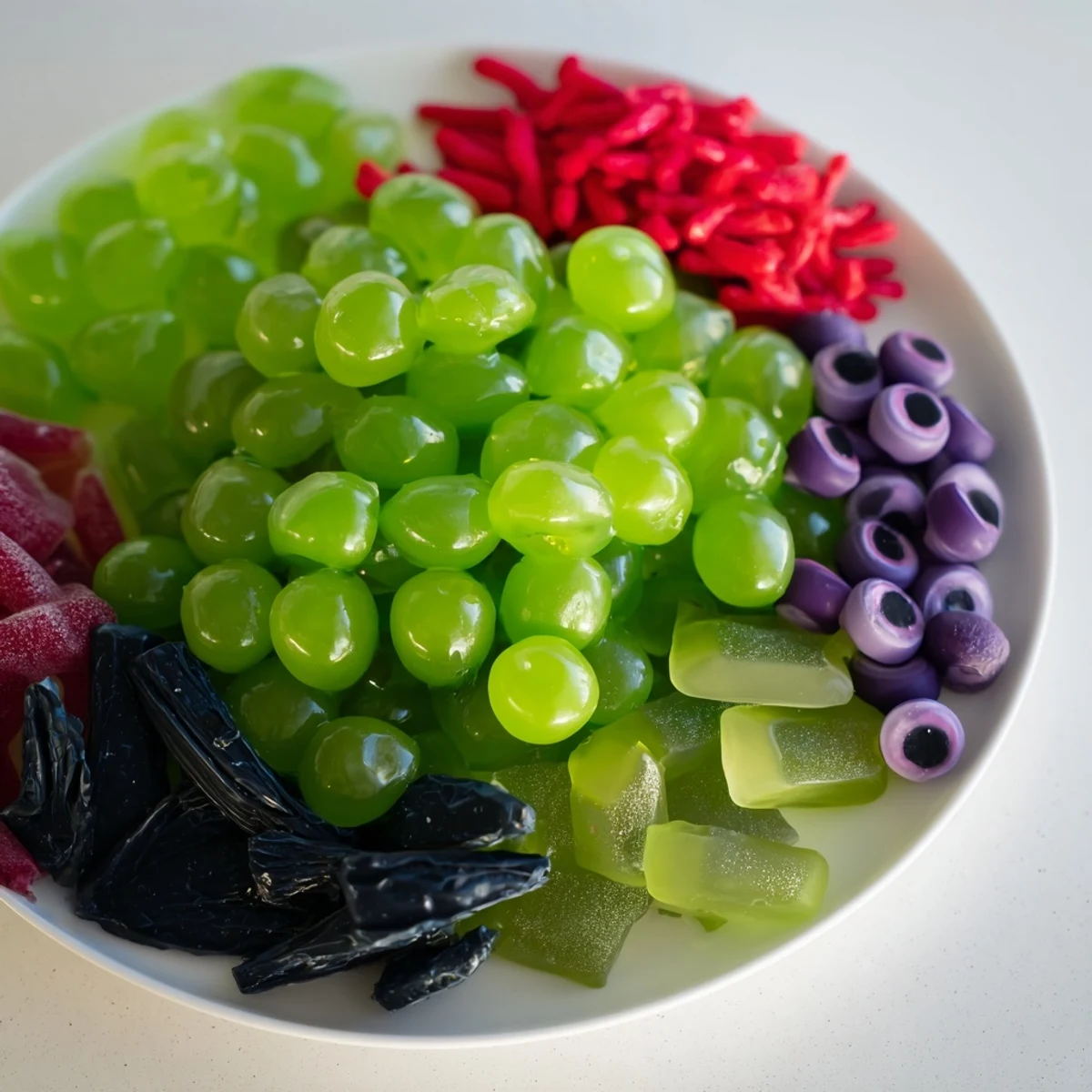 Festive Poison Apple Candy Platter, starring green apple candies and spooky eyeballs, ready to enjoy.