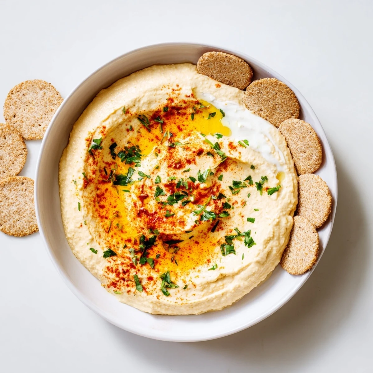 A vibrant platter of easy dips, creamy hummus, and herb yogurt, divided by crackers.
