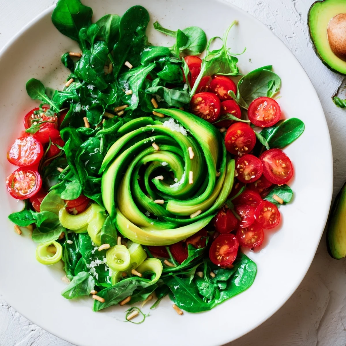 Vibrant Golden Ratio Salad with fresh tomatoes, avocado, and crumbled feta cheese, ready to enjoy.